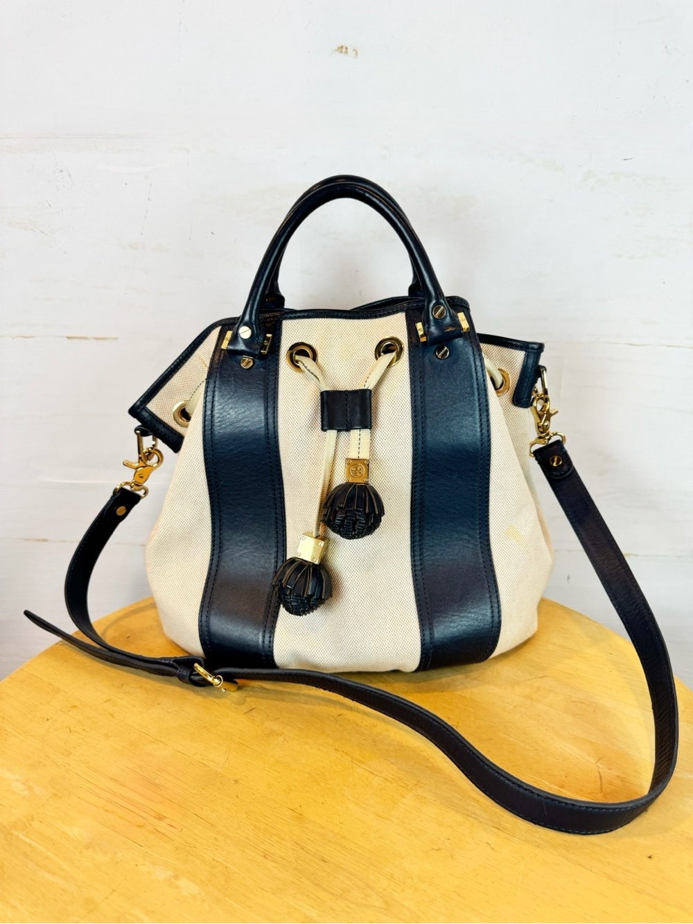 Tory Burch | Canvas and Leather Bucket Crossbody Bag w Tassels